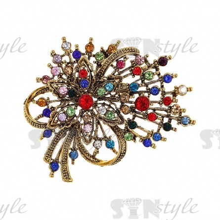 Брошь со стразами, застежка булавка, размер 50х65 мм, цвет бронзовый+разноцветные стразы фото 1