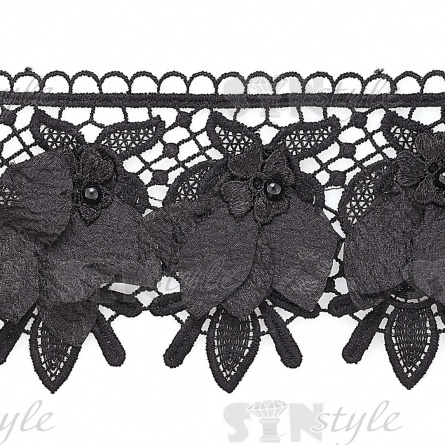 Кружево ажурное с отделкой, на тонкой кружевной основе цветочки с бусиной в середине в обрамлении  крупных листьев, придающими объем кружеву, ширина 90 мм, намотка 10 ярдов, цвет черный фото 2