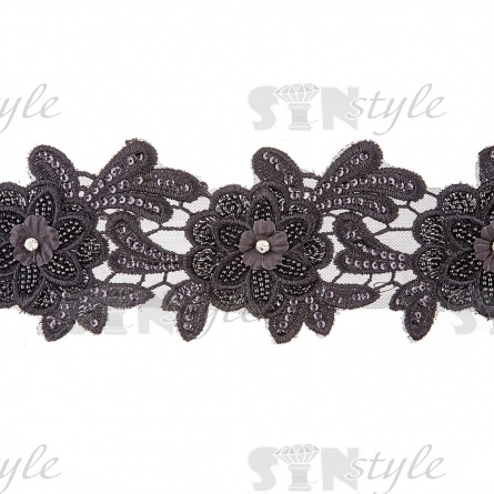 Кружево 3D на сетке с цветочным орнаментом, расшитое микробисером, пайетками и стразами, ширина 100 мм, цвет черный, намотка 10 ярдов фото 1