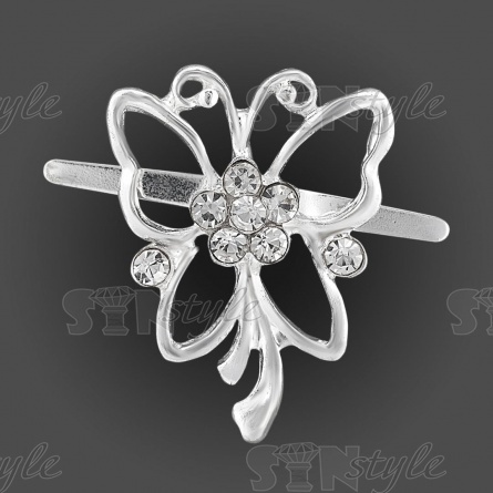 Брошь металлическая, крепление усики, размер 23 мм х 30 мм, цвет серебряный+белые стразы  фото 1