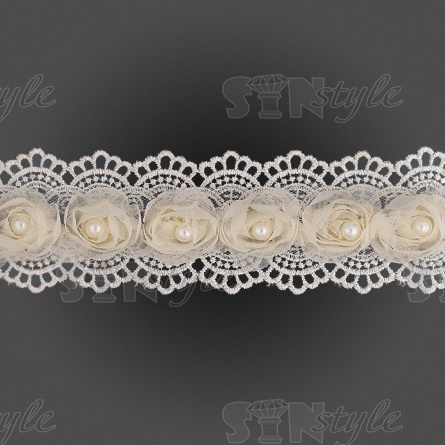 Кружево ажурное с отделкой из органзы и бусин, цвет шампань, ширина 60 мм, намотка 10 ярдов фото 1