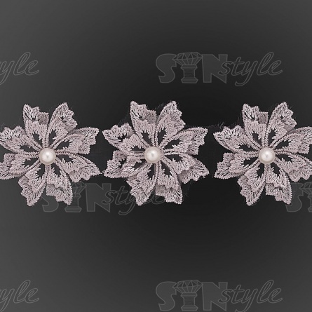 Кружево "Цветочки" украшено бусиной на, капроновой ленте, ширина 55 мм, цвет серый, намотка 20 ярдов фото 3