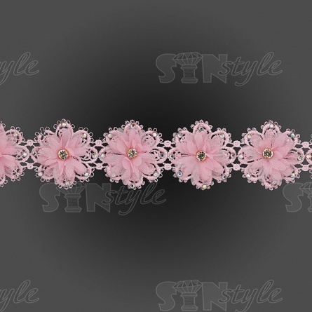 Кружево "Цветочное" ажурное с объемными цветами и стразами, ширина 50 мм, цвет розовый, намотка 10 ярдов фото 3