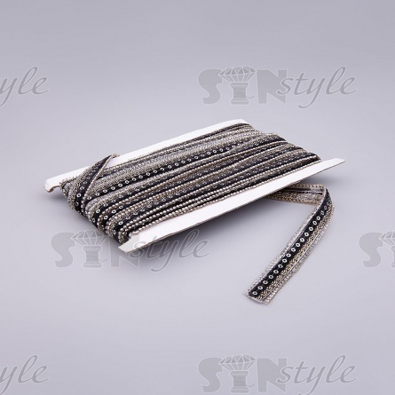 Лента декоративная с пайетками и стразами на термоклеевой основе, цвет черный+серебряный, ширина 15 мм, намотка 10 ярдов фото 2