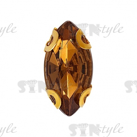 Стразы пришивные акриловые в цапах, форма лодочка, цвет золото+коричневый, размер 5х10 мм, 200 шт/уп фото 1
