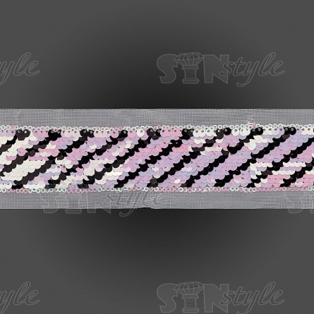 Тесьма на сетке, расшитая пайетками, ширина 42 мм, цвет розовый+черный, рулон 14 ярдов фото 1
