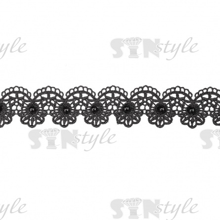 Кружево ажурное с отделкой, нежнейшее тонкое переплетение гирлянды с цветочными мотивами с бусиной в центре цветка, ширина 35 мм, намотка 15 ярдов, цвет черный фото 2