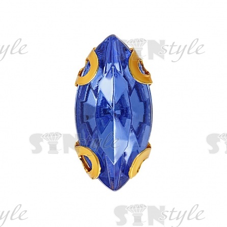 Стразы пришивные акриловые в цапах, форма лодочка, цвет золото+светло-синий, размер 5х10 мм, 200 шт/уп фото 1