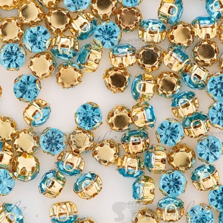 Стразы пришивные акриловые в цапах, форма круг, цвет золото+темно-голубой, диаметр 7 мм, 720 шт/уп. фото 3