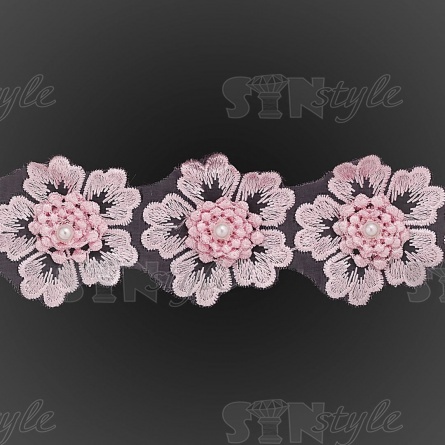 Цветочки из капроновой ленты, размер 55 мм, цвет розовый+белая бусина, намотка 20 ярдов, 17 шт/ярд фото 2