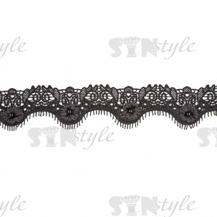 Кружево ажурное с отделкой, нежнейшее тонкое переплетение гирлянды цветочными мотивами с бусиной в центре цветка и тонкой бахромой по краю изделия по всей длине, ширина 55 мм, намотка 15 ярдов, цвет черный  фото 1