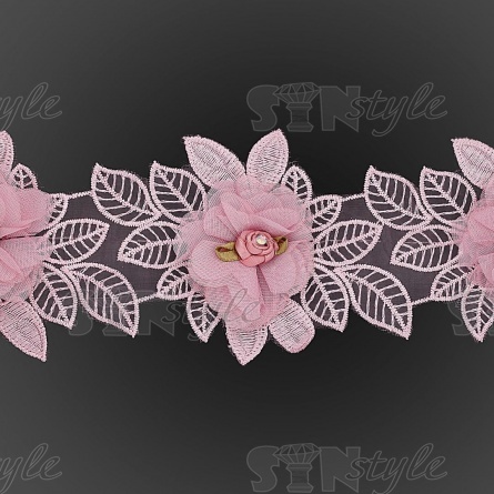 Кружево "Цветочное" на тонкой капроновой основе с объемными цветами, ширина 130 мм, намотка 10 ярдов, цвет грязно-розовый  фото 2