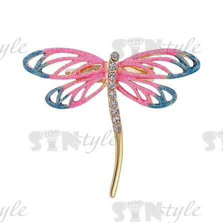 Брошь металлическая со стразами, размер 50х42 мм, цвет золото+белыестразы+розовая/зеленая эмаль, застежка булавка фото 1