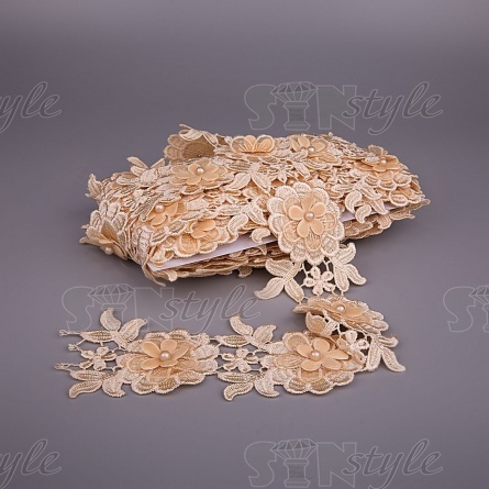 Кружево Цветочное, воздушная цветочная гирлянда с бусиной в центре цветка, намотка 10 ярдов, ширина 65 мм, цвет светло-бежевый фото 1