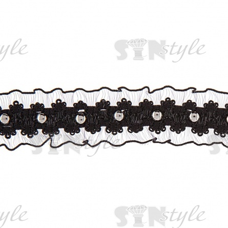 Декоративная тесьма-рюш, ширина 25 мм, цвет черный+клепки темный никель,  намотка 15 ярдов фото 3