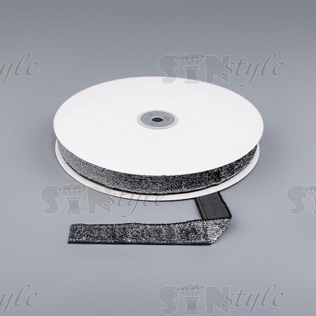 Лента бархатная с люрексом, ширина 20 мм, цвет черный+серебряный, намотка 50 ярдов фото 3