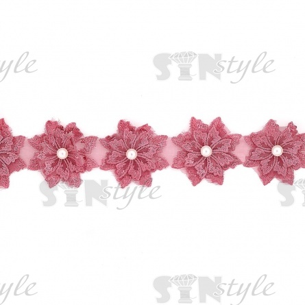 Кружево "Цветочки" украшено бусиной , на капроновой ленте, ширина 55 мм, цвет старо-розовый, намотка 20 ярдов фото 2