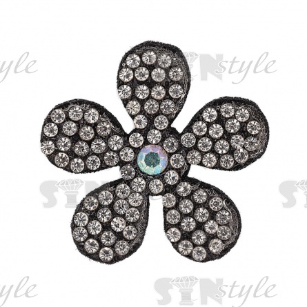 Аппликация "Цветочек" из страз, на фетровой основе, размер 33 мм, цвет черный+белые и радужные стразы фото 1