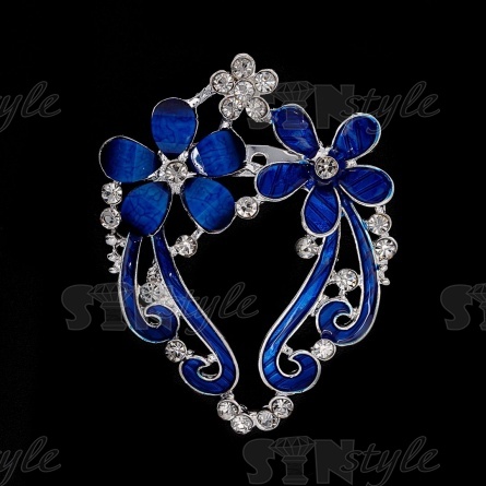 Брошь со стразами, размер 45х51 мм, цвет никель+стразы белые+эмаль синяя, застежка булавка фото 1