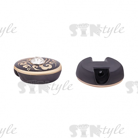 Пуговица пластиковая на полуножке, размер 20L, круглой формы, цвет темно-синий, золотой арнамент, белая страза фото 2