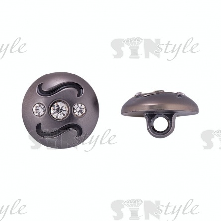 Пуговица пластиковая на ножке, форма полусферы, цвет темный никель с черными завитками и белыми стразами, 34L фото 1