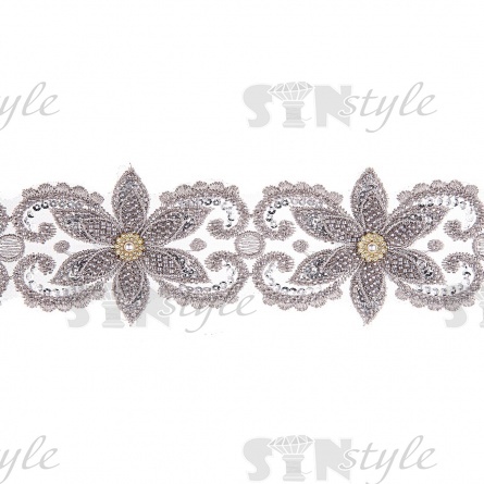 Кружево 3D на сетке с цветочным орнаментом, расшитое пайетками, микробисером и стразами, ширина 100 мм, цвет серебряный, намотка 10 ярдов  фото 1