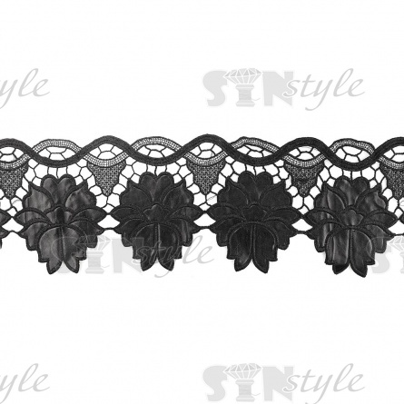 Кружево кожаное, тонкая изящная гирлянда с крупными объемными цветами, ширина 150 мм, намотка 10 ярдов, цвет черный фото 1