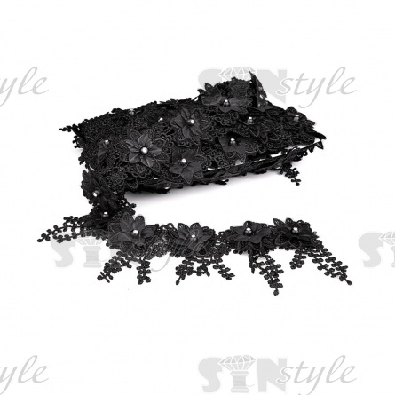 Кружево "Цветочное", на тонкой ажурной основе россыпь объемных цветов со стразой в середине цветка и с бахромой из стилизованных листьев, ширина 70 мм, цвет черный/белые стразы, намотка 10 ярдов фото 3