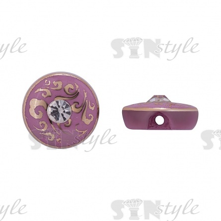 Пуговица пластиковая на полуножке, размер 20L, круглой формы, цвет грязно-розовый, золотой арнамент, белая страза фото 1