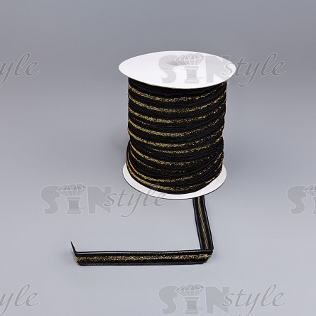 Лента бархатная с люрексом, ширина 10 мм, цвет черный+золотой, намотка 50 ярдов фото 3