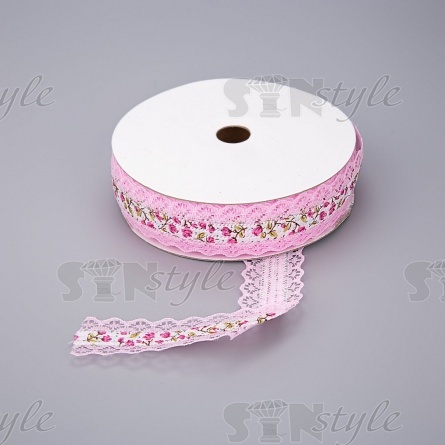 Декоративная лента на кружевной основе с цветочным принтом, цвет розовый, ширина 30 мм, намотка 20 ярдов фото 1