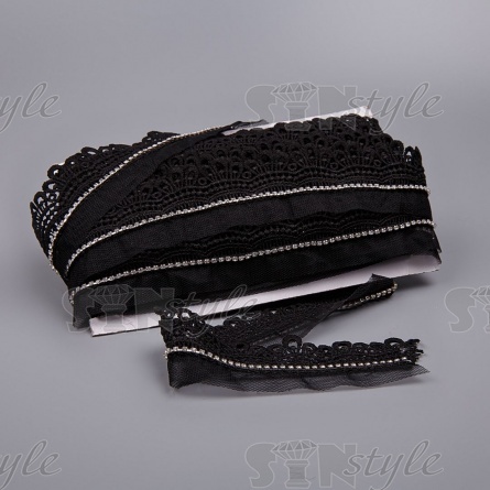 Кружево ажурное на сетке с отделкой стразами, ширина 40 мм, цвет черный, стразы белые, намотка 15 ярдов фото 1