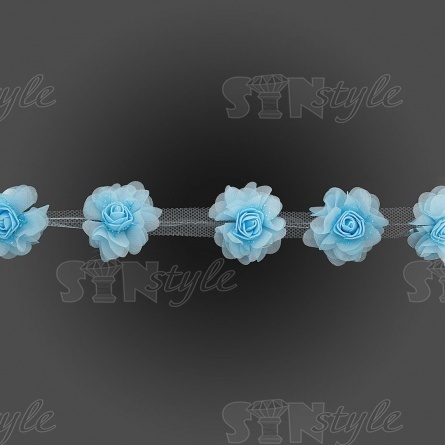 Кружево "Цветочки" на капроновой ленте, нежная цветочная гирлянда из объемных цветов, ширина 60 мм, цвет голубой (129), намотка 10 ярдов фото 2