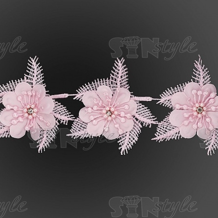 Кружево "Цветочное", воздушная цветочная гирлянда с белой стразой в середине цветка, ширина 80 мм, намотка 10 ярдов, цвет розовый   фото 2