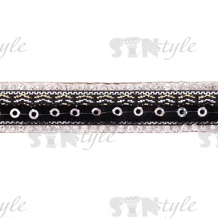 Лента декоративная с пайетками и стразами на термоклеевой основе, цвет черный+серебряный, ширина 15 мм, намотка 10 ярдов фото 1