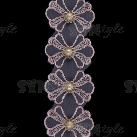 Бантики из капроновой ленты, ширина 55 мм, намотка 20 ярдов, цвет розовый+белые бусины, № 5 фото 1