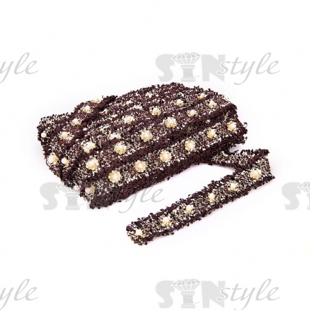 Декоративная тесьма букле с люрексом и бахромой, отделана золотыми цветками и белыми бусинами, ширина 30 мм, намотка 15 ярдов фото 3