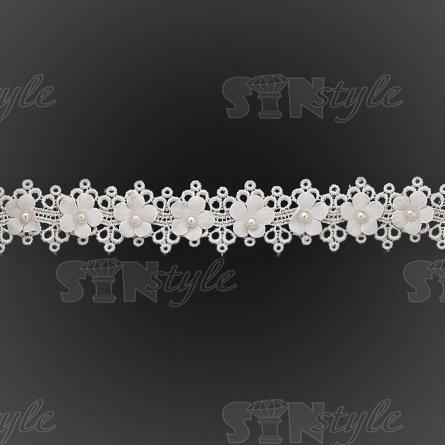 Кружево ажурное с цветами и бусинами, ширина 30 мм, намотка 10 ярдов, цвет белый фото 2