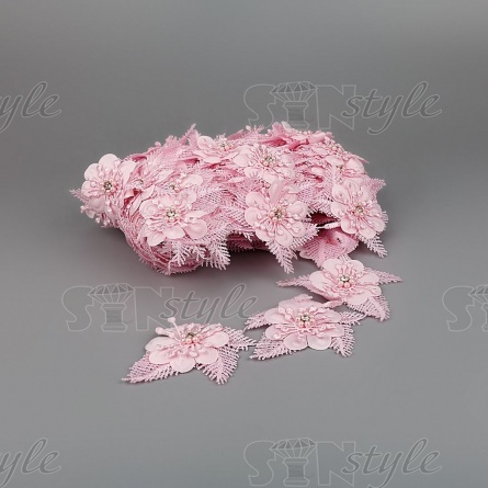 Кружево "Цветочное", воздушная цветочная гирлянда с белой стразой в середине цветка, ширина 80 мм, намотка 10 ярдов, цвет розовый   фото 1