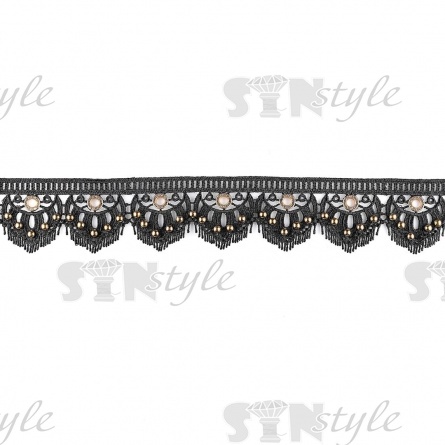 Кружево ажурное с золотыми люверсами, бусинами и белыми стразами, ширина 60 мм, намотка 15 ярдов, цвет черный фото 1