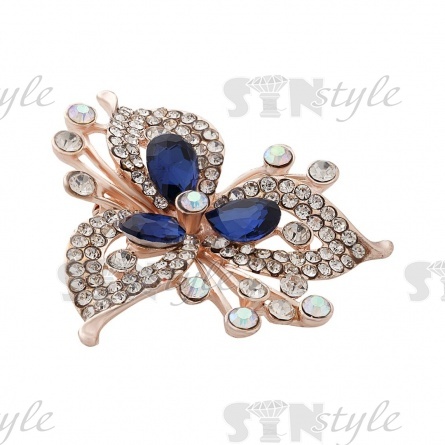 Брошь металлическая со стразами, застежка булавка, цвет золото+белые+синие стразы, размер 42х47 мм фото 2