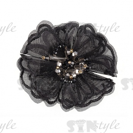 Аппликация с элементами из бисера и страз, цвет черный, диаметр 70 мм фото 1