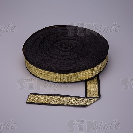 Декоративная репсовая тесьма, цвет черный+золотой, ширина 25 мм, намотка 50 ярдов фото 3