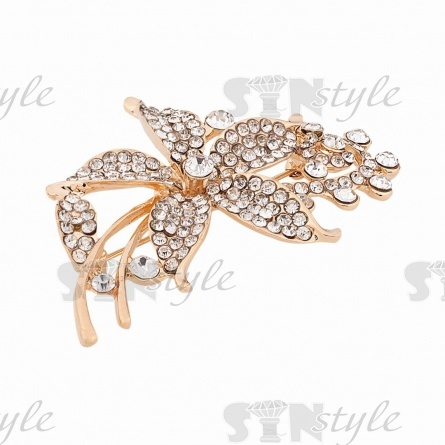 Брошь металлическая со стразами, застежка булавка, цвет золото+белые стразы,размер 40х58 мм фото 2