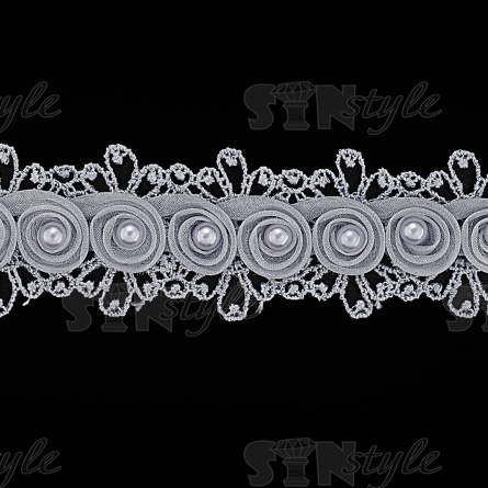 Кружево ажурное с отделкой нежными розочками из капрона с бусиной в середине цветка, ширина 35 мм, намотка 10 ярдов, цвет серый фото 2