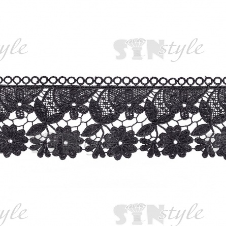 Кружево ажурное матовая нить с цветочными мотивами, ширина 75 мм, цвет черный, намотка 15 ярдов фото 1