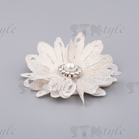 Цветочки декоративные со стразами и бусиной, цвет шампань, диаметр 40 мм. фото 2