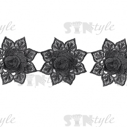 Кружево "Цветочное", гирлянда из объемных бутонов роз на нежной кружевной основе, ширина 100 мм, цвет черный, намотка 15 ярдов фото 2