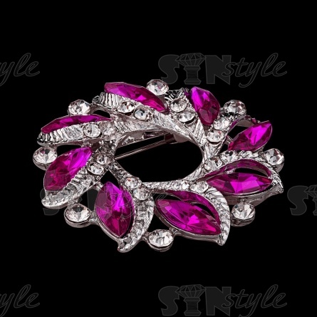 Брошь со стразами, размер 52 мм, цвет никель+белые/ярко-розовые стразы, застежка булавка фото 2