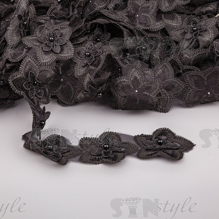 Кружево "Цветочки" украшено бусиной , на капроновой ленте, ширина 55 мм, цвет черный, намотка 20 ярдов фото 1